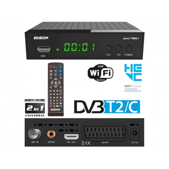 Edision Picco T265+ Ψηφιακός Δέκτης Mpeg-4 Full HD (1080p) με Λειτουργία PVR (Εγγραφή σε USB) Σύνδεσεις SCART / HDMI / USB Αποκωδικοποιητές - Ψηφιακοί Δέκτες